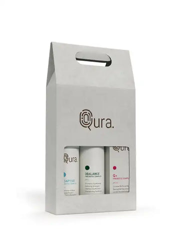 Опаковка на Qura Kit - 3 BALANCE, включваща адаптивен шампоан и заздравяващ лосион.