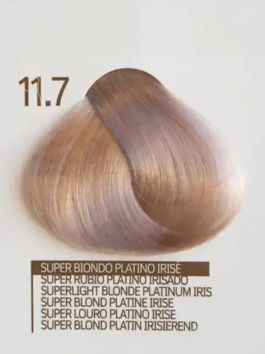 Цвят 11.7 Superlight Blonde Platinum Iris, италианска боя за коса, показваща нюанси на светло блондин.