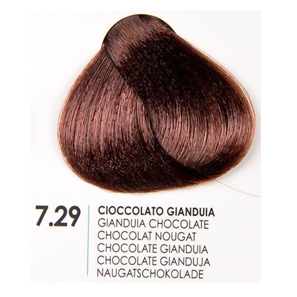 Fanola 7.29 Chocolate Gianduia hair color swatch, showcasing rich brown hues for vibrant hair coverage.