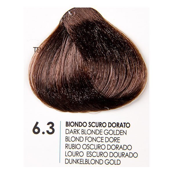 Fanola 6.3 dark blonde golden hair color swatch showcasing rich, vibrant shade and soft texture.