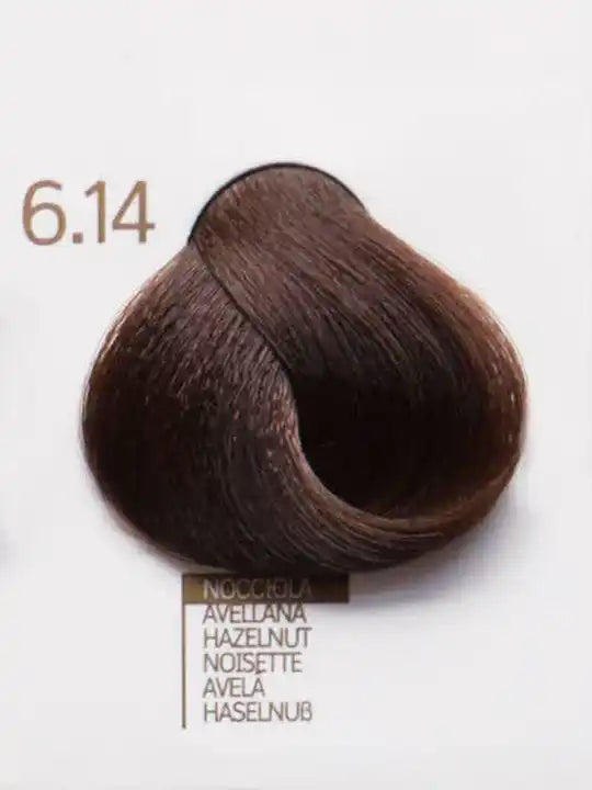 Design Look 6.14 Hazelnut hair color sample showing rich hazelnut shade for professional use.