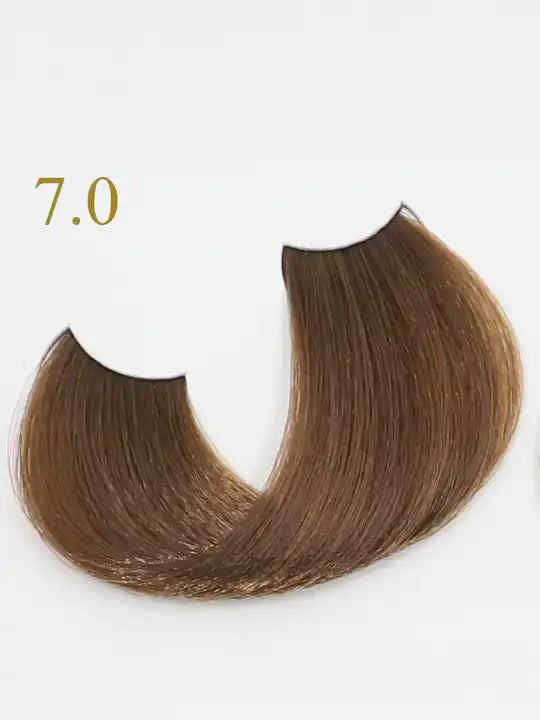 Цвят 7.0 Medium Blonde от боя за коса Oro Therapy - професионална безамонячна крем-боя.