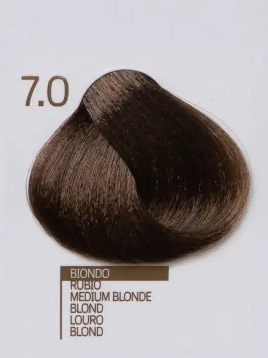 Design Look 7.0 Medium Blonde hair color sample showing rich tones for professional use.