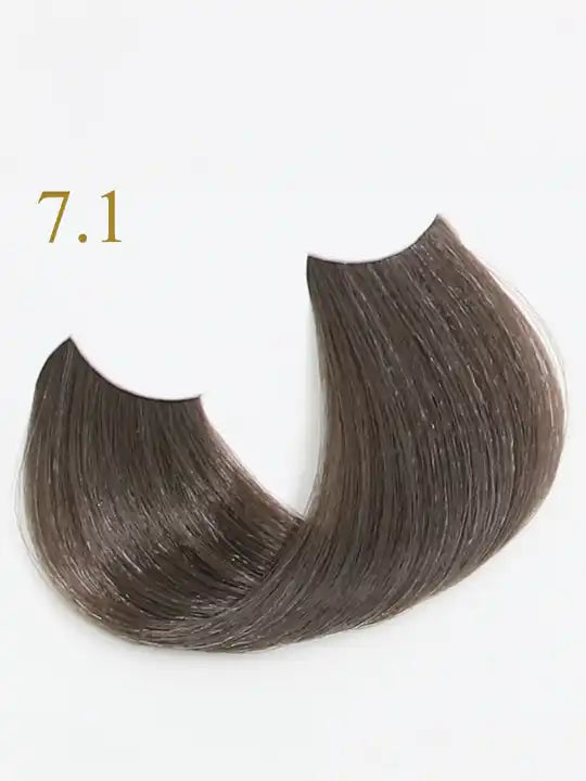7.1 Dark Blonde Ash hair swatch for Oro Therapy non-ammonia hair color, showcasing shine and rich color.