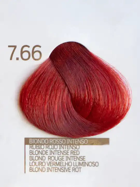 Design Look 7.66 Blonde Intense Red hair color sample, showcasing vibrant red tones for professional use.