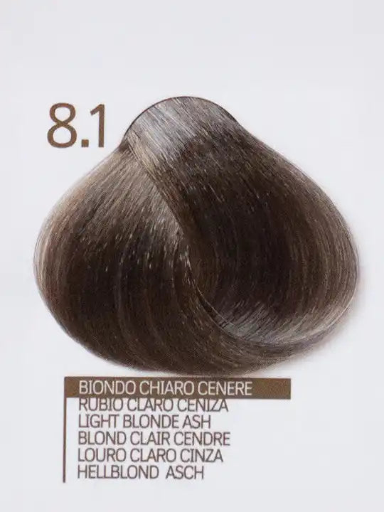 Design Look 8.1 Light Blonde Ash hair color swatch, showcasing creamy texture and shade details.