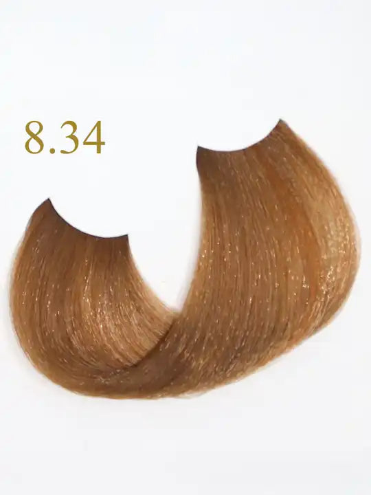 Oro Therapy 8.34 Light Blonde Golden Copper hair color sample, showcasing glossy, rich tones.