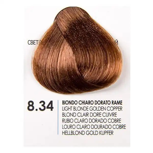 Fanola Golden Copper 8.34 hair dye color swatch showcasing light blonde golden copper shade.