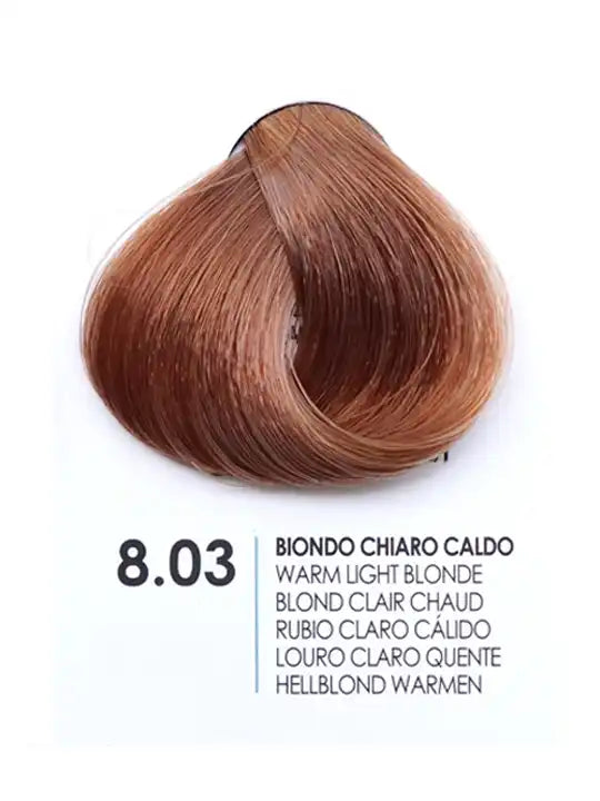 Fanola 8.03 warm light blonde hair color sample swatch showing rich, shiny hues for vibrant hair.
