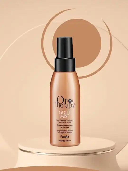 Oro Therapy Gold Mist aromatic protective spray in eco-friendly packaging, 100ml for hair protection and shine.