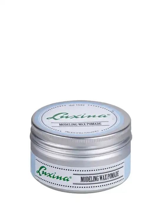 Luxina modeling wax pomade in a silver container, ideal for lightweight styling and natural finish.